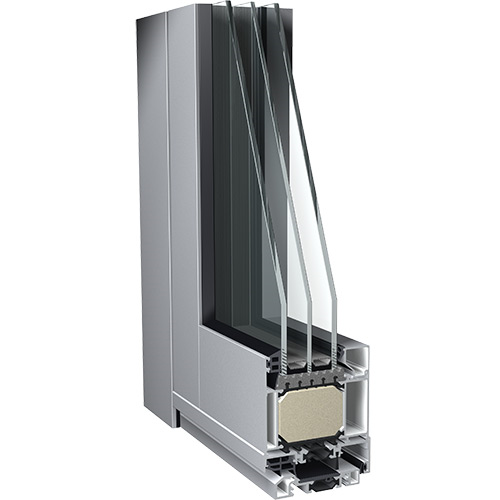 modèle d'angle de porte en aluminium gris avec triple vitrage et isolation qui assure plus de sécurité, de confort et de gestion du bâtiment