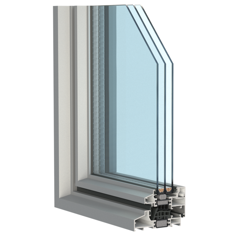 grijs aluminium raam hoekmodel met driedubbel glas en isolatie