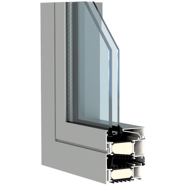 grijs aluminium raam hoekmodel met dubbel glas en isolatie voor thermische prestaties die geschikt zijn voor BEN woningen, Eco huizen of passieve huizen
