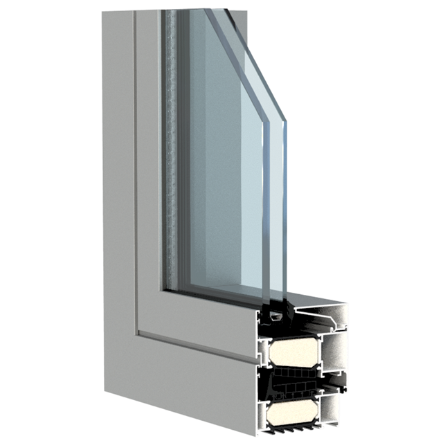 grijs aluminium raam hoekmodel met dubbel glas en isolatie voor thermische prestaties die geschikt zijn voor BEN woningen, Eco huizen of passieve huizen