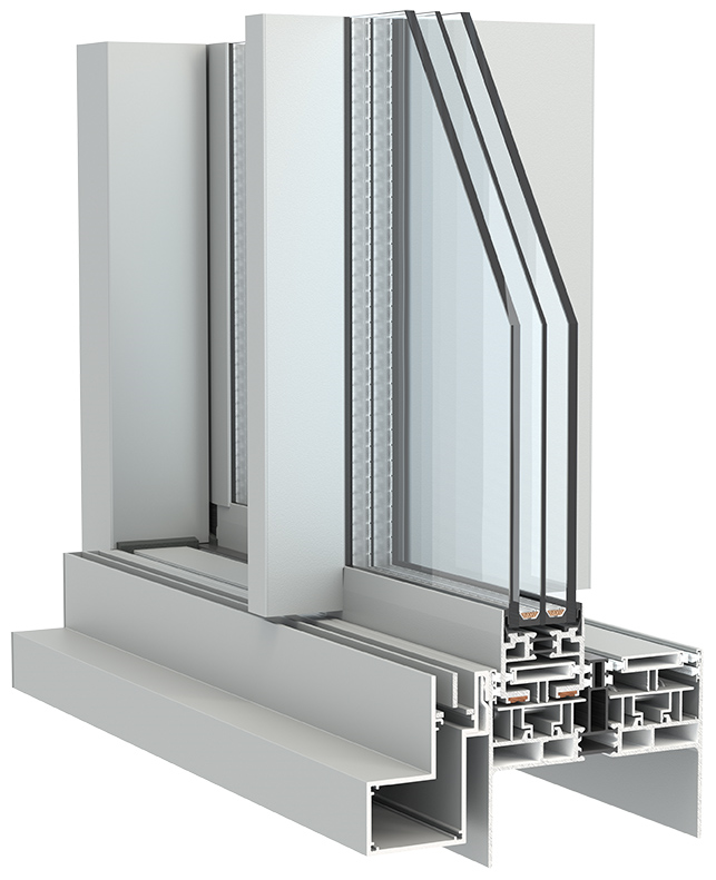 grijze aluminium schuifdeur hoekmodel met dubbel glas en isolatie voor een maximale lichtinval waar motorisatie mogelijk is en de fonctionaliteit een hoogtepunt bereikt bij dit schuifsysteem
