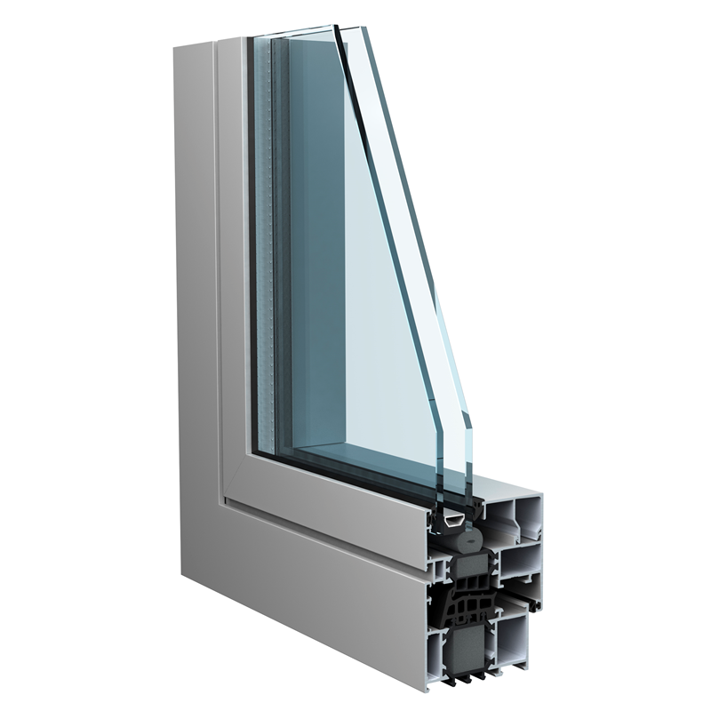 grijs aluminium raam hoekmodel met dubbel glas en isolatie