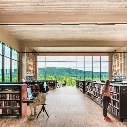 SAPA aluminium curtain walling and windows flooding light into a library, where people are reading and working
